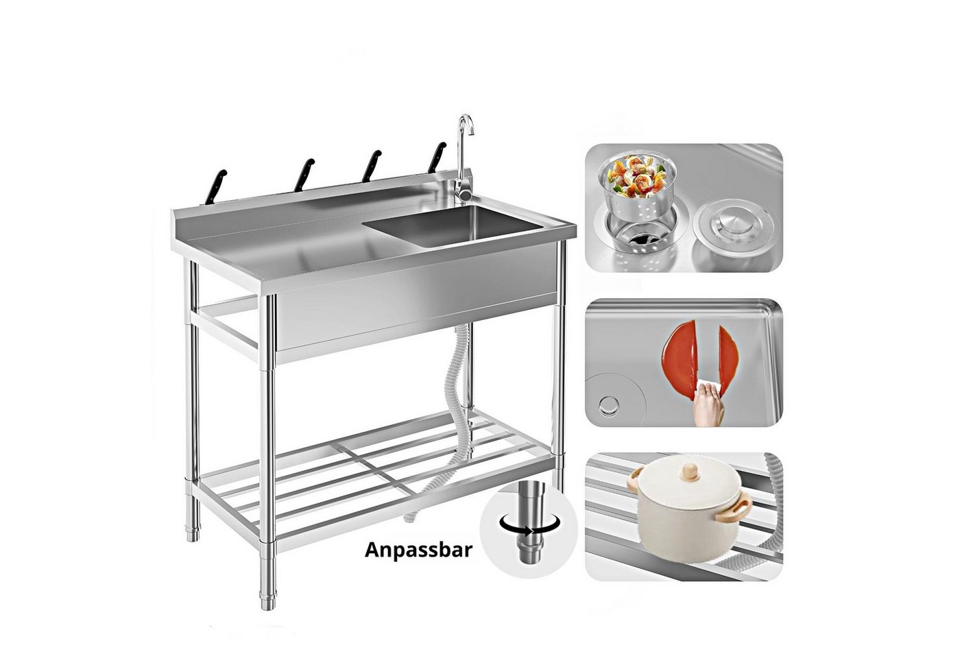 GarveeMore Waschtisch-Set Praktisches Spülset aus Edelstahl – Einbecken mit Ablaufsystem, verstellbare Füsse, Festwasseranschluss, 100 x 50 x 90 cm Bild 4