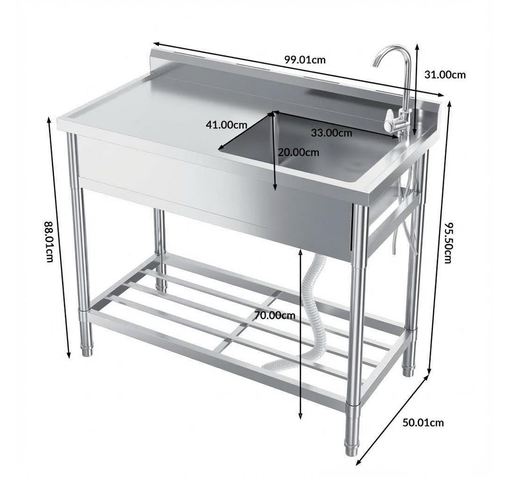 GarveeMore Waschtisch-Set Praktisches Spülset aus Edelstahl – Einbecken mit Ablaufsystem, verstellbare Füsse, Festwasseranschluss, 100 x 50 x 90 cm Bild 5