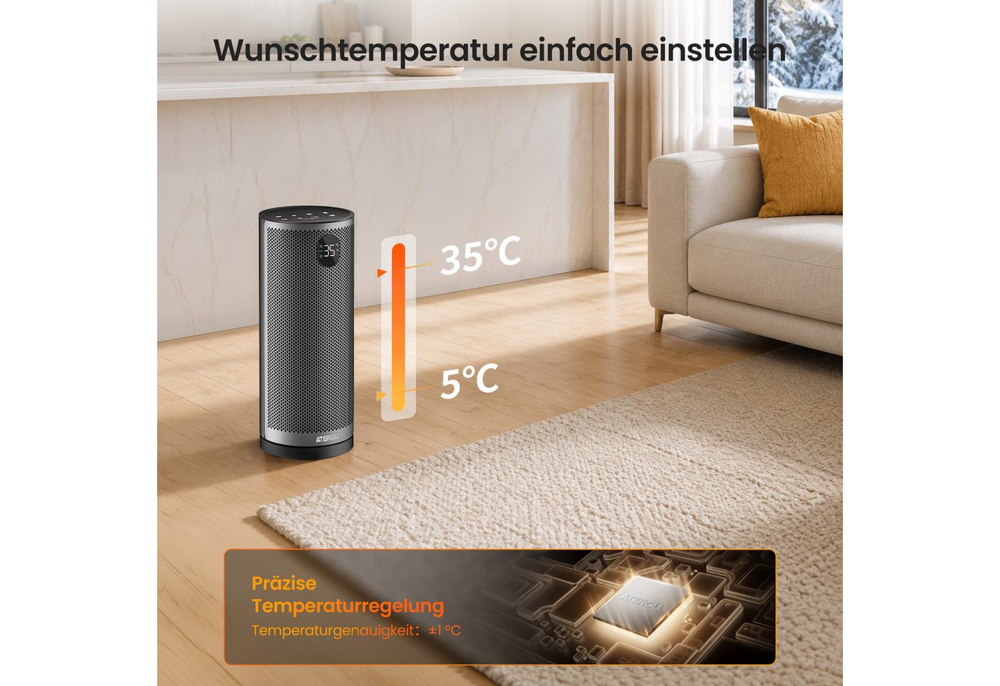 ATEROLL Keramikheizlüfter energiesparendes Heizgerät, leise, 4 Modi, Fernbedienung & Timer, 2000W PTC Heizlüfter für Schlafzimmer, 75° Oszillation, GS-Zertifikat