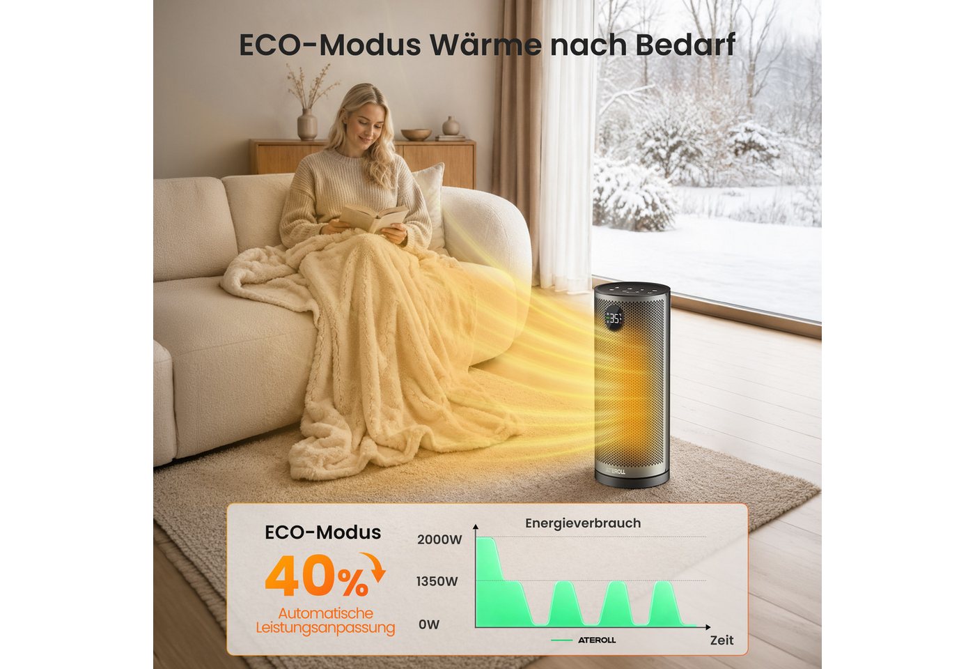 ATEROLL Keramikheizlüfter energiesparendes Heizgerät, leise, 4 Modi, Fernbedienung & Timer, 2000W PTC Heizlüfter für Schlafzimmer, 75° Oszillation, GS-Zertifikat Bild 2