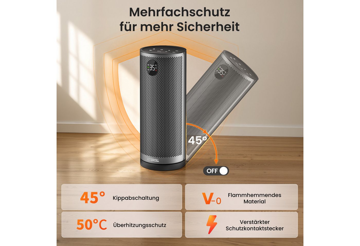 ATEROLL Keramikheizlüfter energiesparendes Heizgerät, leise, 4 Modi, Fernbedienung & Timer, 2000W PTC Heizlüfter für Schlafzimmer, 75° Oszillation, GS-Zertifikat Bild 5