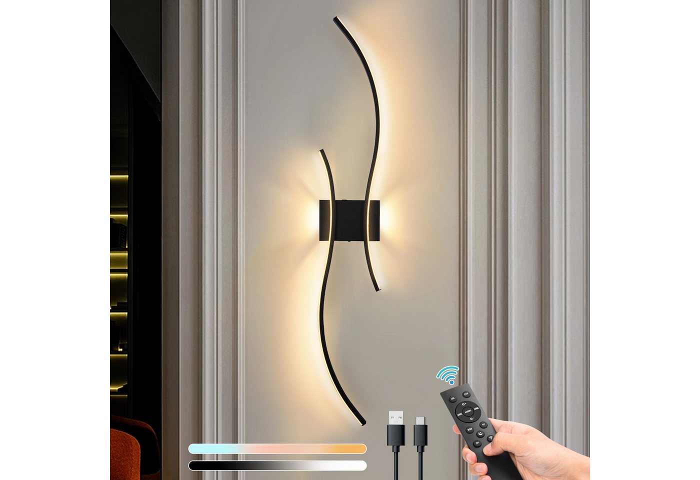 MUPOO LED Wandleuchte LED Akku Wandleuchte USB-C, dimmbar 3000–6000K, mit Fernbedienung, Kabellose Wandlampe mit Touchsteuerung, Timer und Memoryfunktion