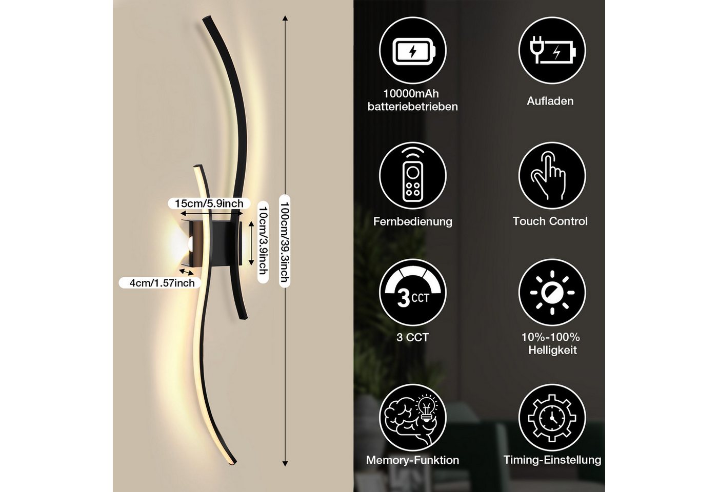 MUPOO LED Wandleuchte LED Akku Wandleuchte USB-C, dimmbar 3000–6000K, mit Fernbedienung, Kabellose Wandlampe mit Touchsteuerung, Timer und Memoryfunktion Bild 5
