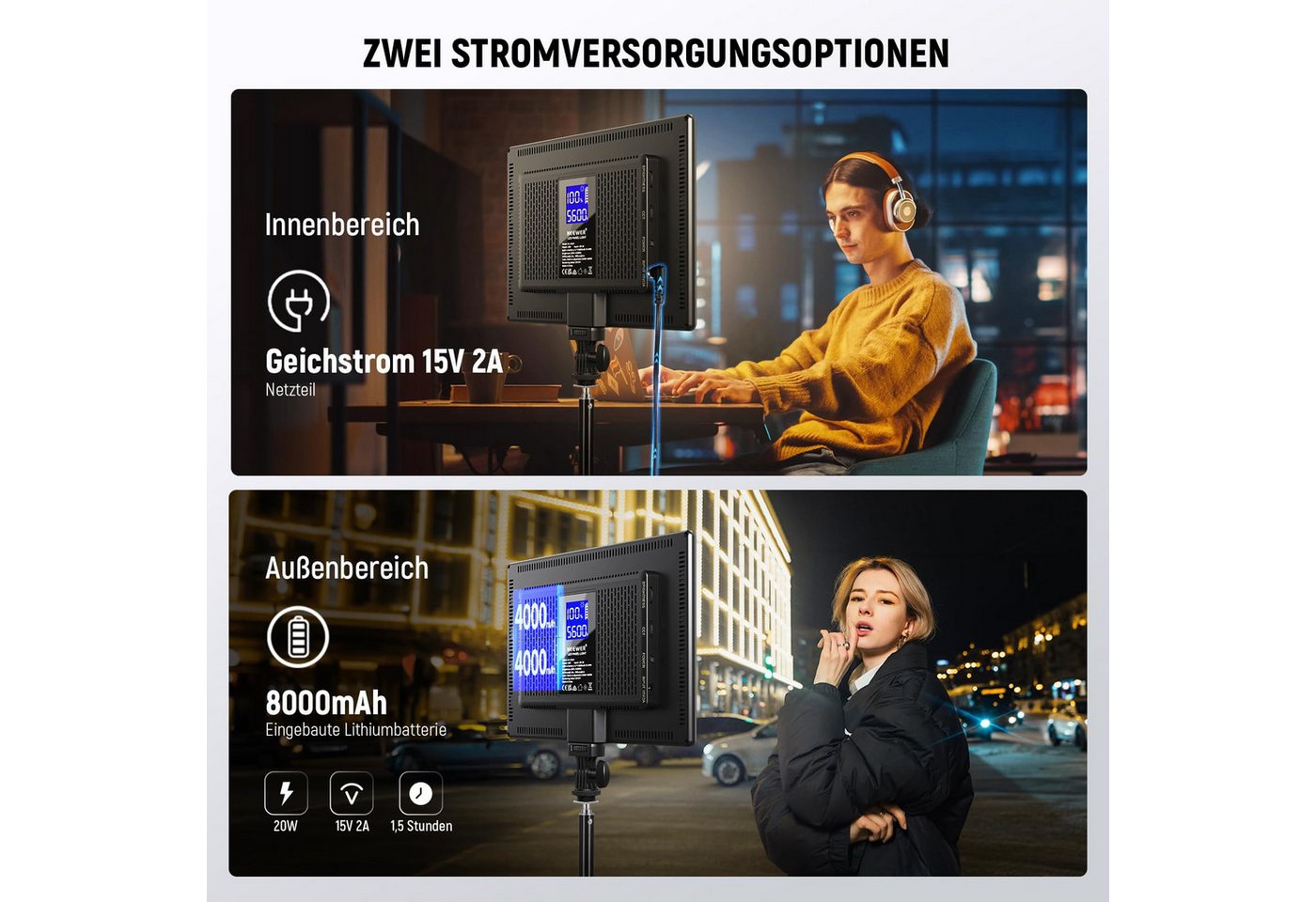 Neewer Videoleuchte NL-192AI 192 LED Panel Videolicht 20W, CRI97+, 3200-5600K, 8000mAh, Bi Farbe Dimmbar DSLR Kamera Soft Light für Studiofotografie Streaming