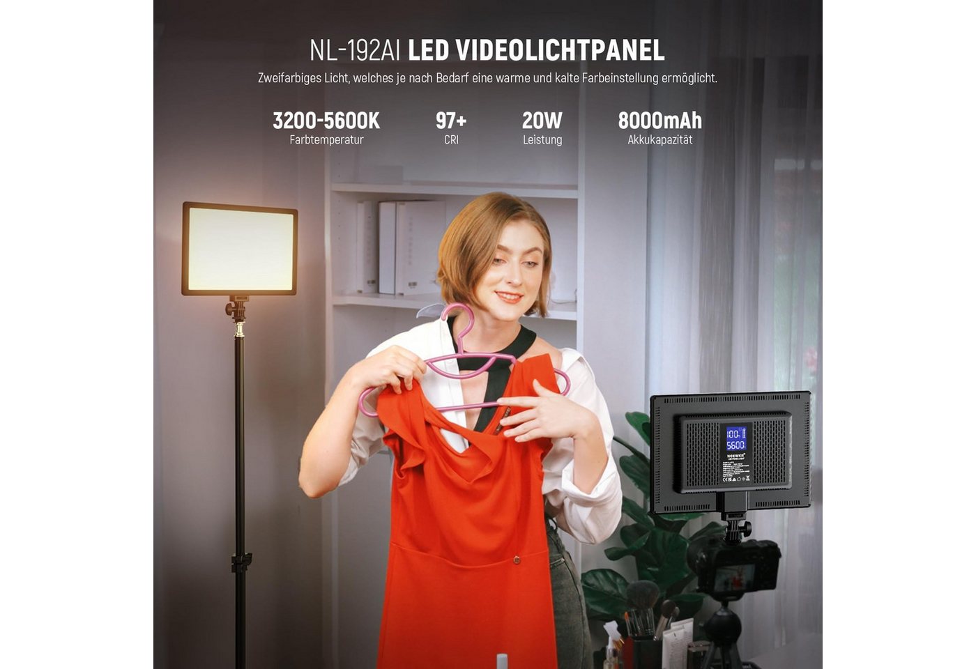 Neewer Videoleuchte NL-192AI 192 LED Panel Videolicht 20W, CRI97+, 3200-5600K, 8000mAh, Bi Farbe Dimmbar DSLR Kamera Soft Light für Studiofotografie Streaming Bild 3