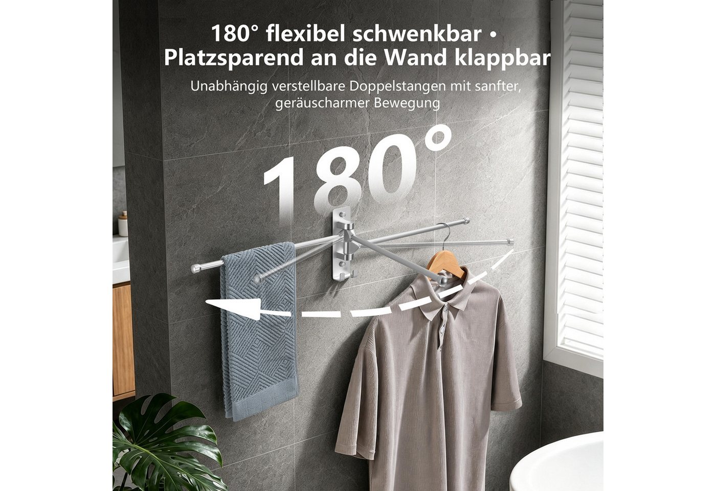 HOMELODY Handtuchhalter Wand 2-armig 180° schwenkbar ohne Bohren Aluminium Verchromt, 40 cm Handtuchstange, Kleben oder Bohren, mit Haken, ohne Handtücher