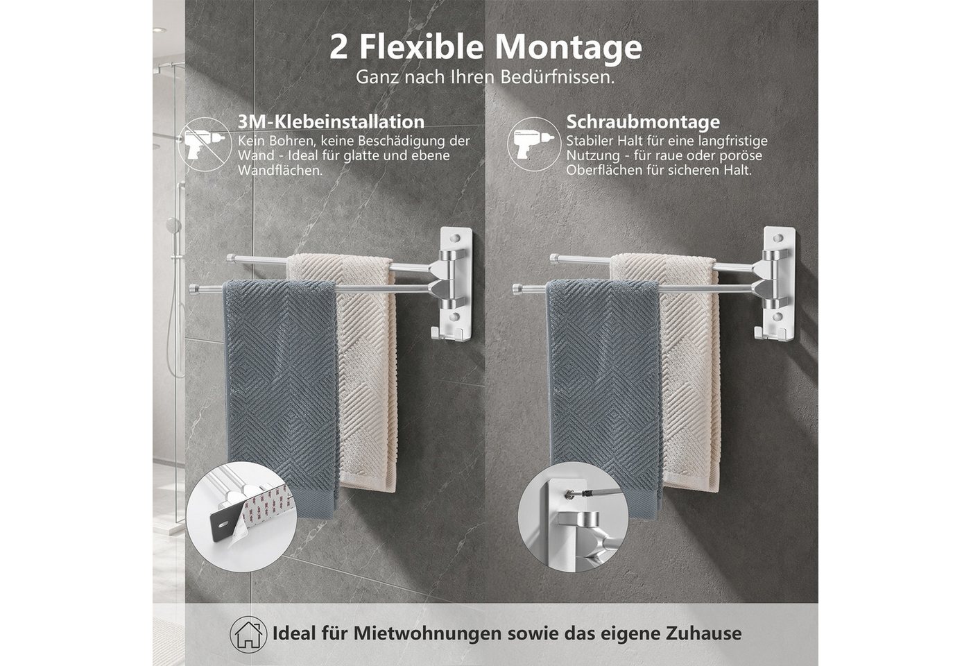 HOMELODY Handtuchhalter Wand 2-armig 180° schwenkbar ohne Bohren Aluminium Verchromt, 40 cm Handtuchstange, Kleben oder Bohren, mit Haken, ohne Handtücher Bild 2
