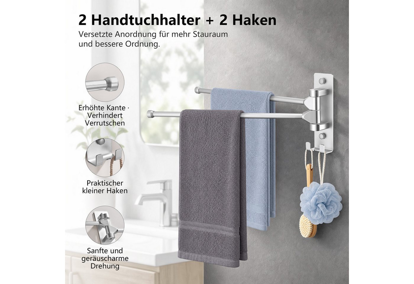 HOMELODY Handtuchhalter Wand 2-armig 180° schwenkbar ohne Bohren Aluminium Verchromt, 40 cm Handtuchstange, Kleben oder Bohren, mit Haken, ohne Handtücher Bild 4