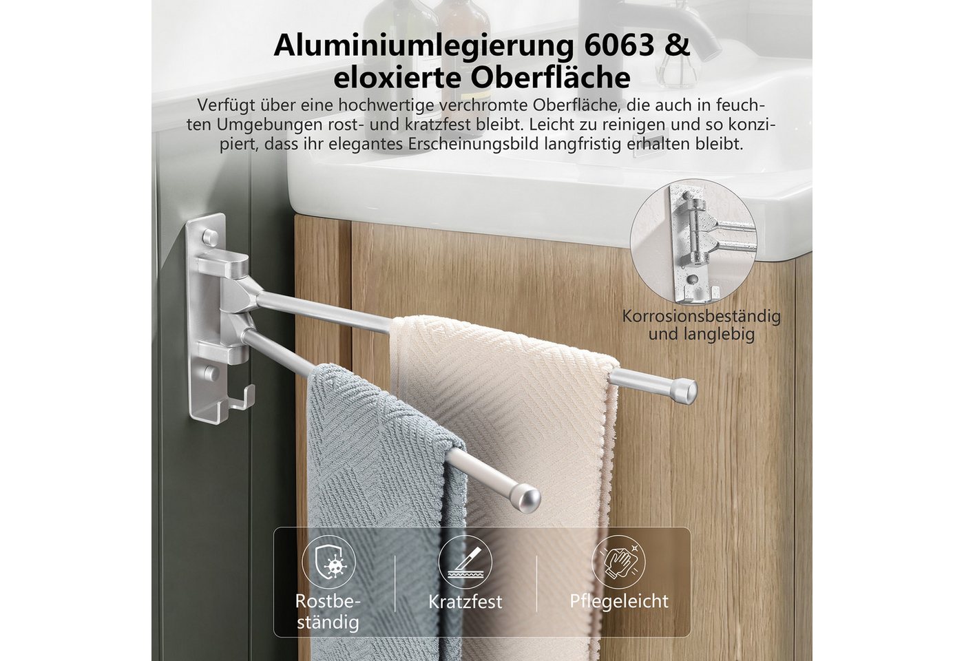 HOMELODY Handtuchhalter Wand 2-armig 180° schwenkbar ohne Bohren Aluminium Verchromt, 40 cm Handtuchstange, Kleben oder Bohren, mit Haken, ohne Handtücher Bild 5