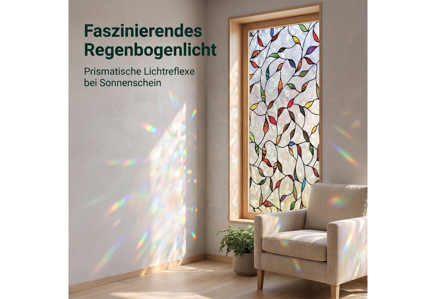 HomeBella Fensterfolie Sichtschutzfolie Dekorative Glasfolie Buntglasoptik, mit buntem Blättermuster für Fenster & Türen