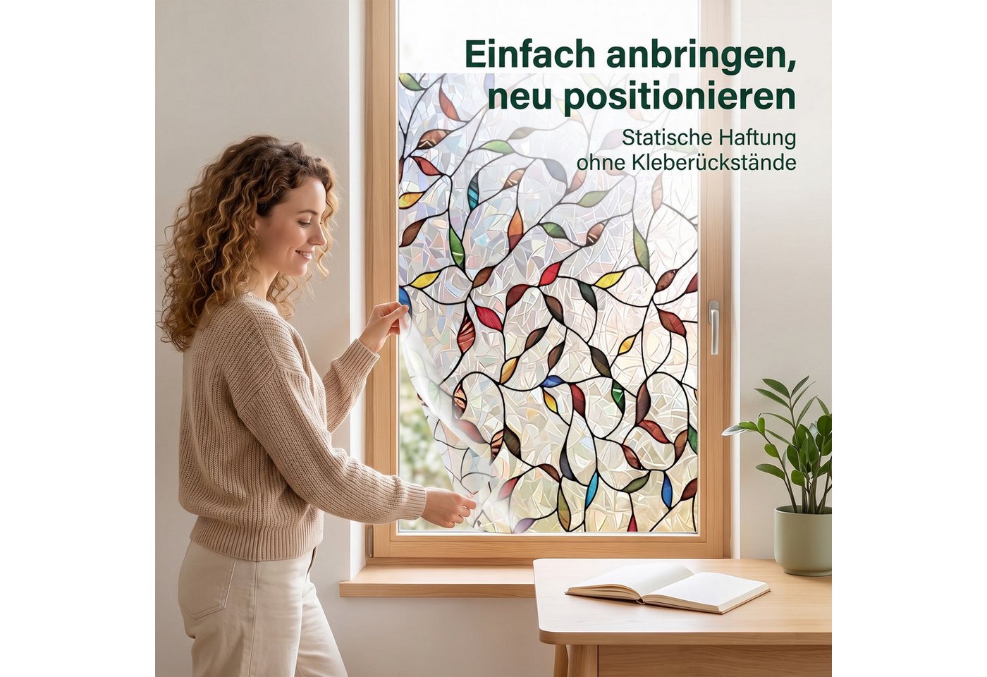 HomeBella Fensterfolie Sichtschutzfolie Dekorative Glasfolie Buntglasoptik, mit buntem Blättermuster für Fenster & Türen Bild 2