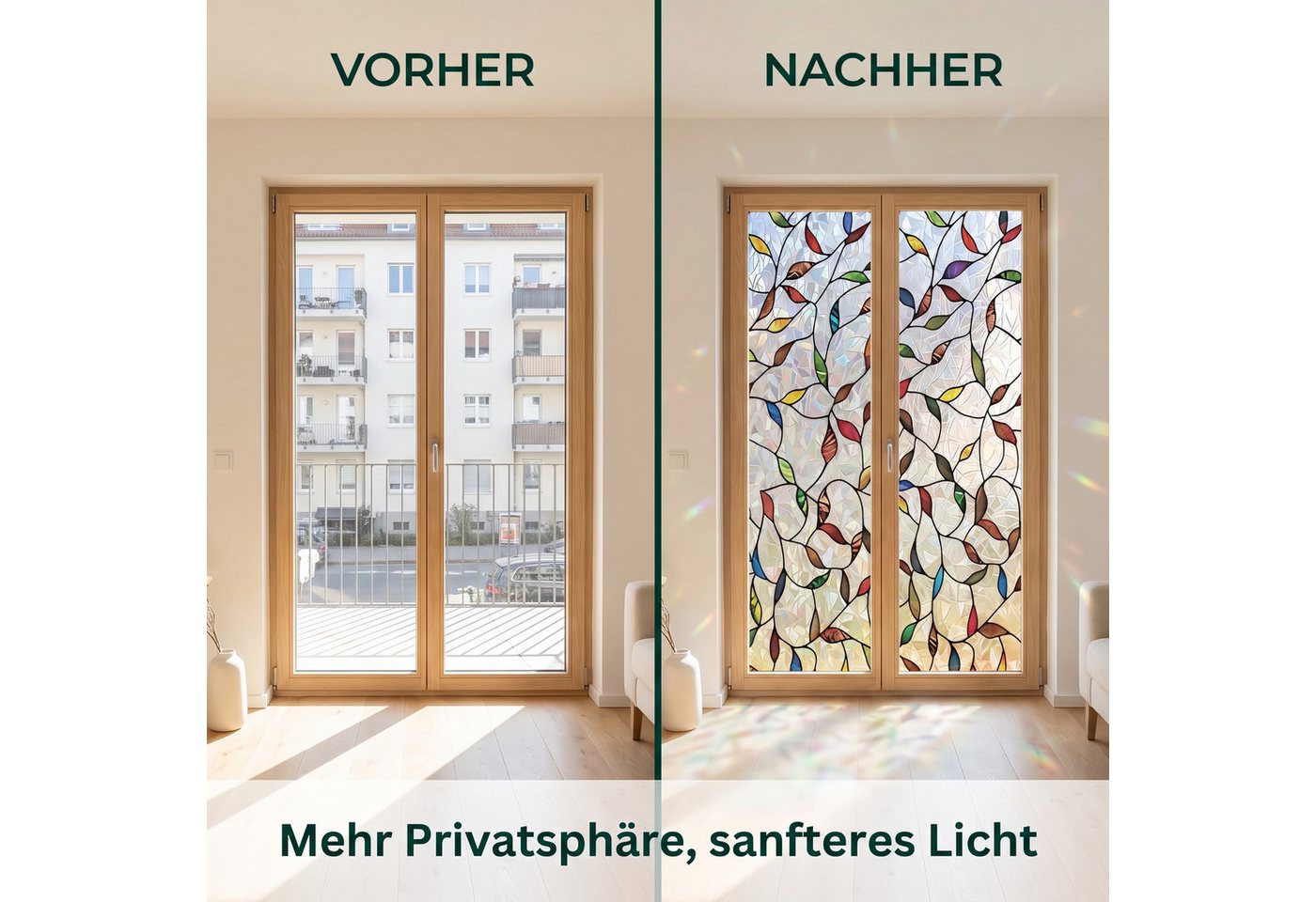 HomeBella Fensterfolie Sichtschutzfolie Dekorative Glasfolie Buntglasoptik, mit buntem Blättermuster für Fenster & Türen Bild 3