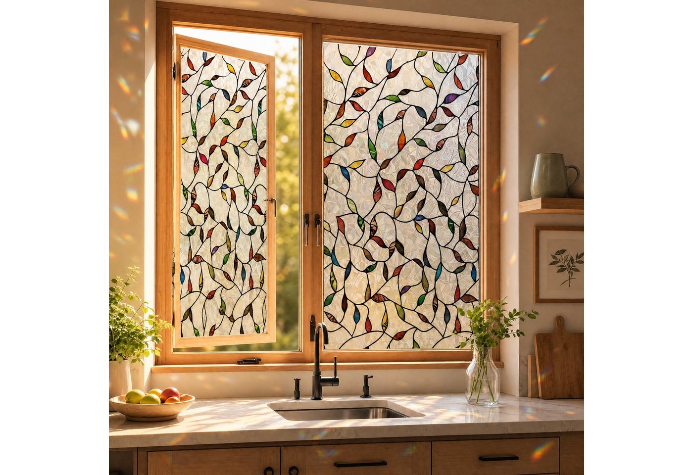 HomeBella Fensterfolie Sichtschutzfolie Dekorative Glasfolie Buntglasoptik, mit buntem Blättermuster für Fenster & Türen Bild 4
