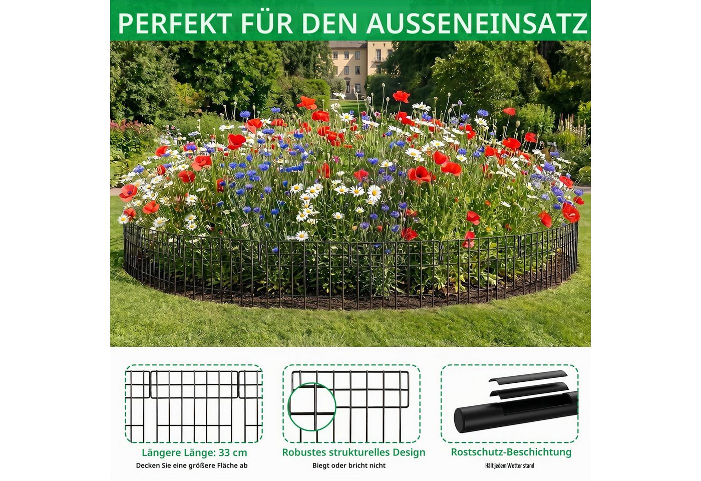 Thealyn Gartenzaun Metall 43x33cm, 10 Stk., 3,3m, für Beete/Wege., (10-St), Ohne Bohren oder Schweißen Bild 2