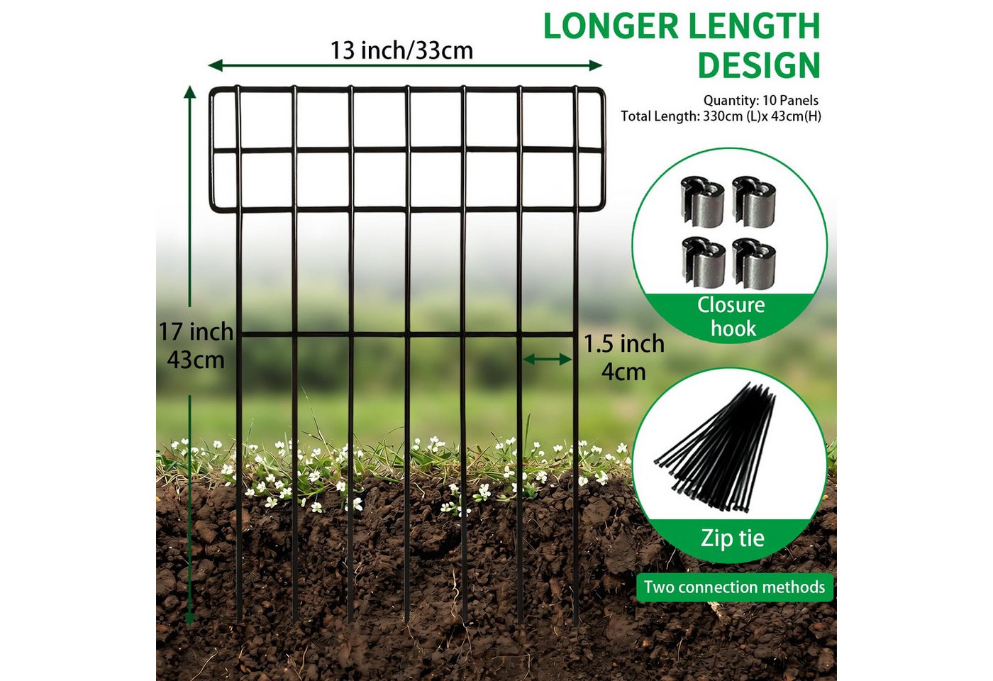 Thealyn Gartenzaun Metall 43x33cm, 10 Stk., 3,3m, für Beete/Wege., (10-St), Ohne Bohren oder Schweißen Bild 3