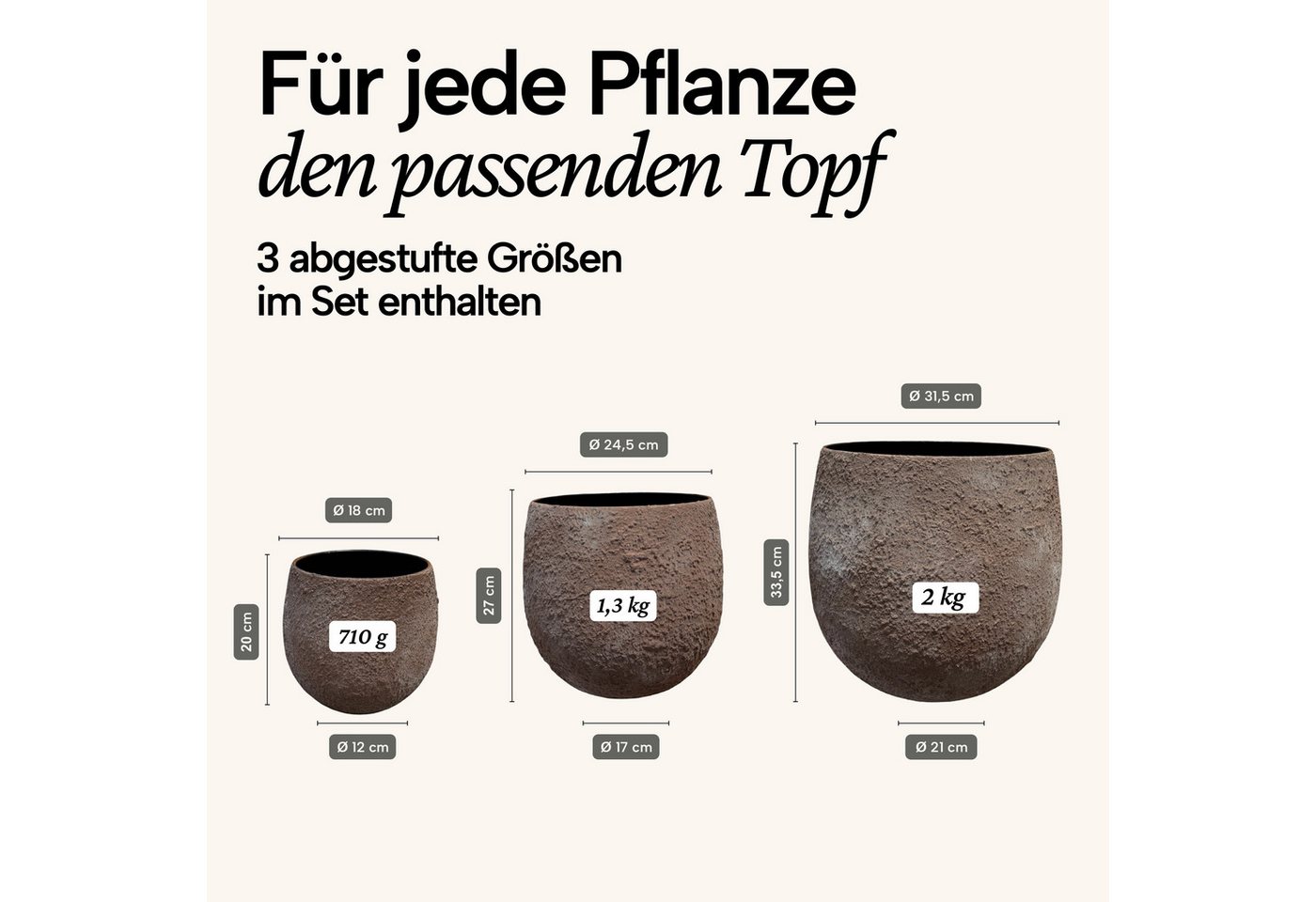 NATIV Blumentopf Pflanztöpfe aus Metall im 3er-Set, Braun mit moderner Steinoptik, besonders leicht