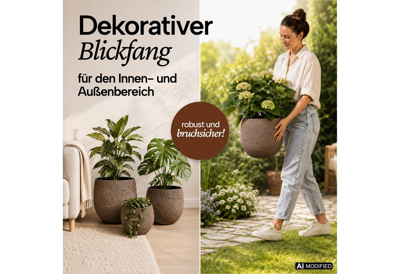 NATIV Blumentopf Pflanztöpfe aus Metall im 3er-Set, Braun mit moderner Steinoptik, besonders leicht Bild 5