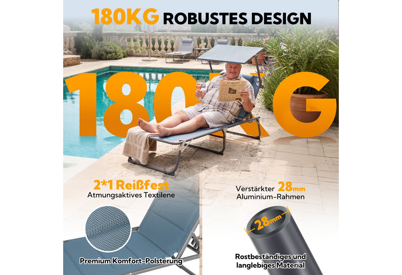HOMECALL Gartenliege Sonnenliege AluLiege Liegestuhl Strandliege 200*70*36cm, klappbar, Textilene Mit Dickemschnelltrocknende Schaumstoffpolsterung, Verstellbare Rückenlehne, Sonnenblende, Kopfpolster, Liegen wetterfest
