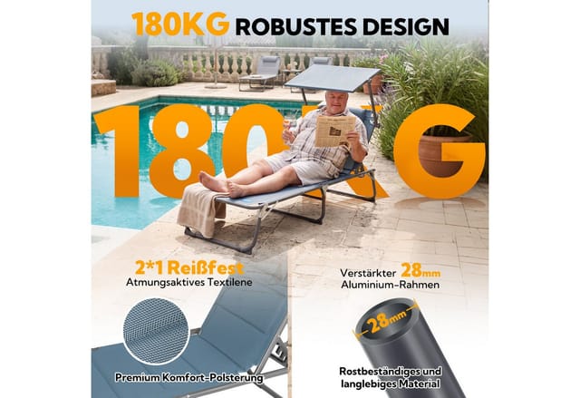 HOMECALL Gartenliege Sonnenliege AluLiege Liegestuhl Strandliege 200*70*36cm, klappbar, Textilene Mit Dickemschnelltrocknende Schaumstoffpolsterung, Verstellbare Rückenlehne, Sonnenblende, Kopfpolster, Liegen wetterfest