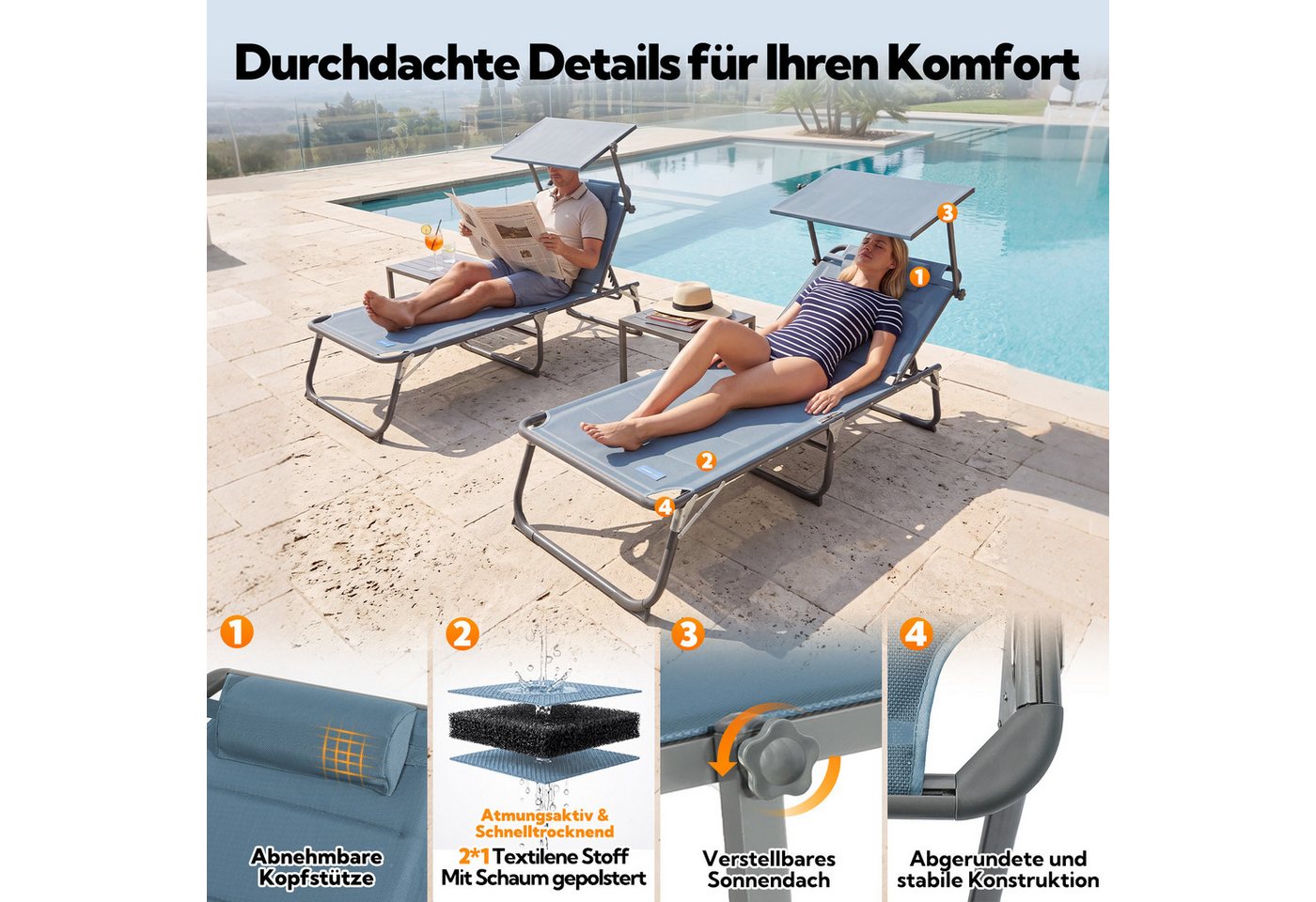 HOMECALL Gartenliege Sonnenliege AluLiege Liegestuhl Strandliege 200*70*36cm, klappbar, Textilene Mit Dickemschnelltrocknende Schaumstoffpolsterung, Verstellbare Rückenlehne, Sonnenblende, Kopfpolster, Liegen wetterfest Bild 2