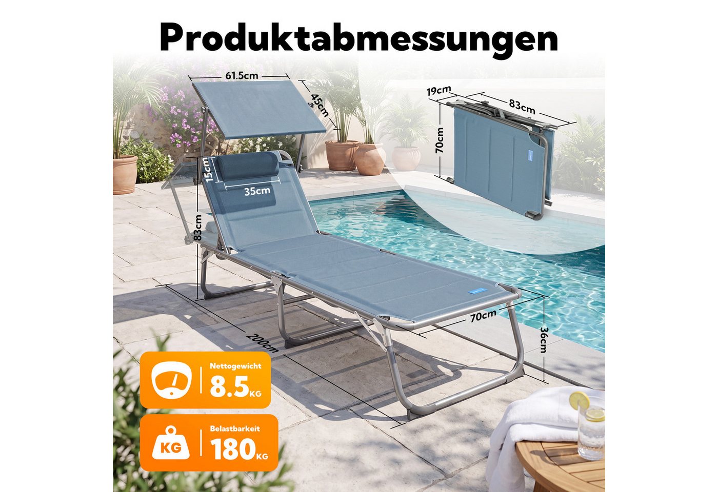 HOMECALL Gartenliege Sonnenliege AluLiege Liegestuhl Strandliege 200*70*36cm, klappbar, Textilene Mit Dickemschnelltrocknende Schaumstoffpolsterung, Verstellbare Rückenlehne, Sonnenblende, Kopfpolster, Liegen wetterfest Bild 3
