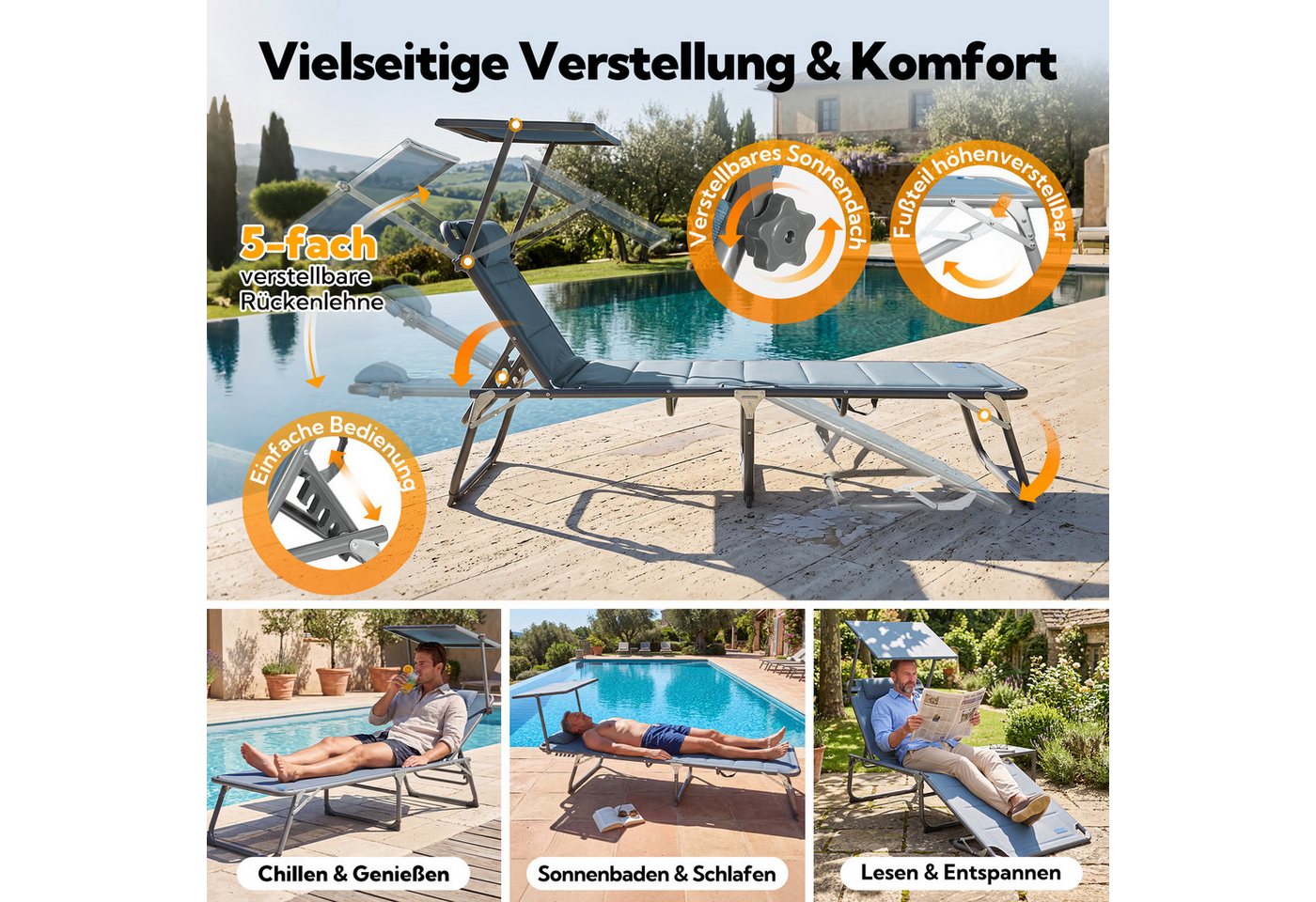 HOMECALL Gartenliege Sonnenliege AluLiege Liegestuhl Strandliege 200*70*36cm, klappbar, Textilene Mit Dickemschnelltrocknende Schaumstoffpolsterung, Verstellbare Rückenlehne, Sonnenblende, Kopfpolster, Liegen wetterfest Bild 5