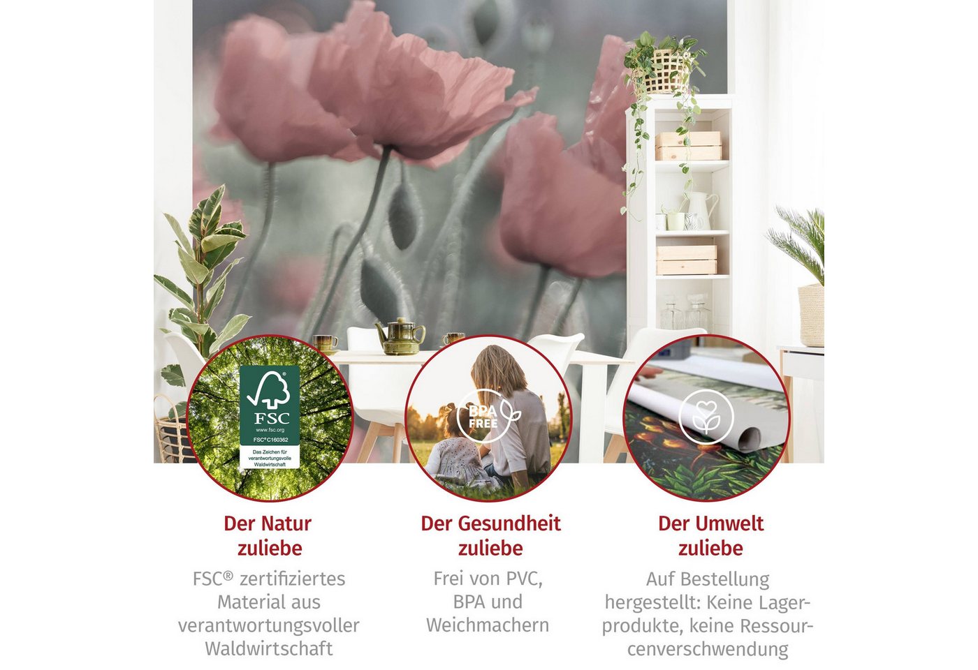 Bilderdepot24 Fototapete Blumen Mohnblumen Blumentapete Floral Natur Modern Kunst, Glatt, Matt, (Vliestapete inkl. Kleister oder selbstklebend), Wohnzimmer Schlafzimmer Küche Flur Motivtapete Vliestapete Wandtapete Bild 3