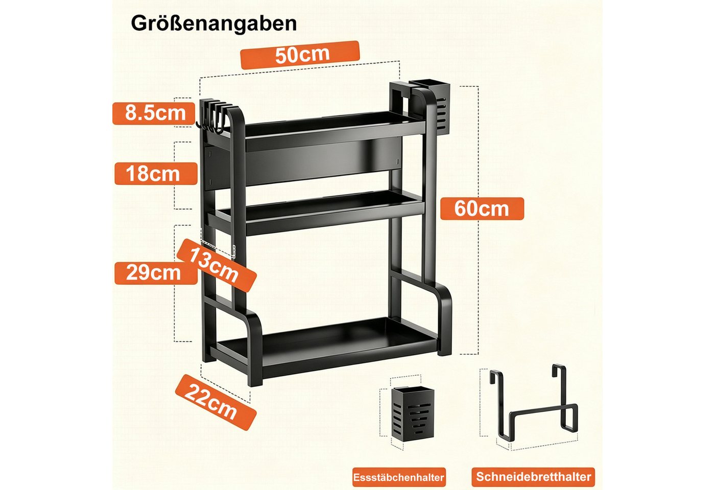 devesanter Gewürzregal Dreistöckiges Küchenregal schwarz aus Kunststoff, 50 x 22 x 60 cm, 1-tlg., mit 4 Haken, Besteckhalter & Schneidebretthalter für die Küche Bild 3
