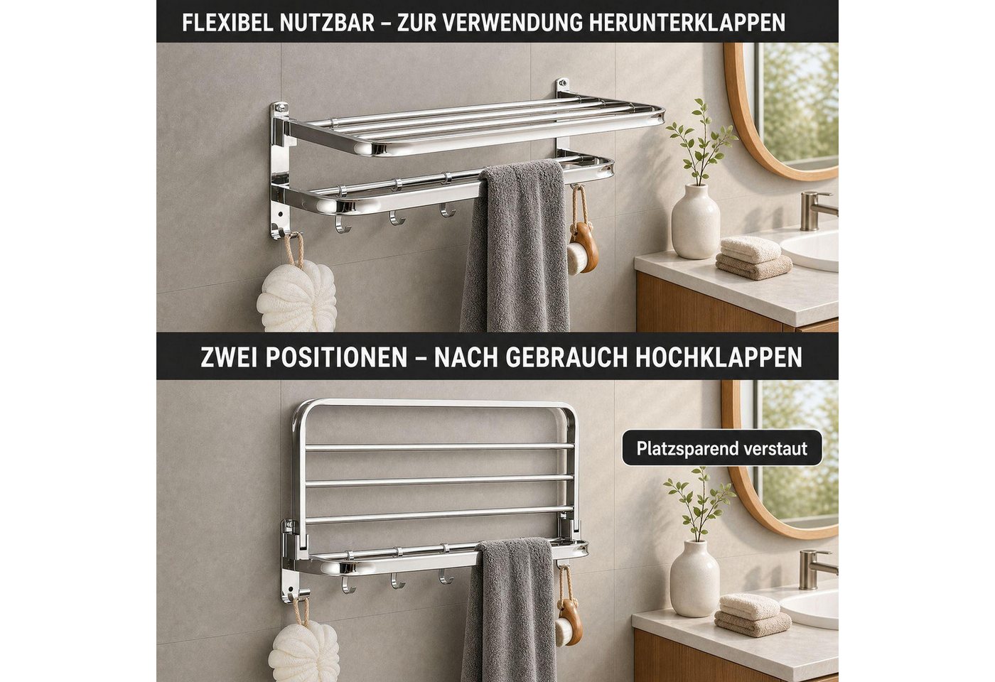 BBG Handtuchständer Handtuchhalter 58 cm aus Edelstahl, 2-stufig mit klappbarer Ablage, mit 5 verschiebbaren Haken, Wandmontage ohne Bohren oder mit Schrauben Bild 2