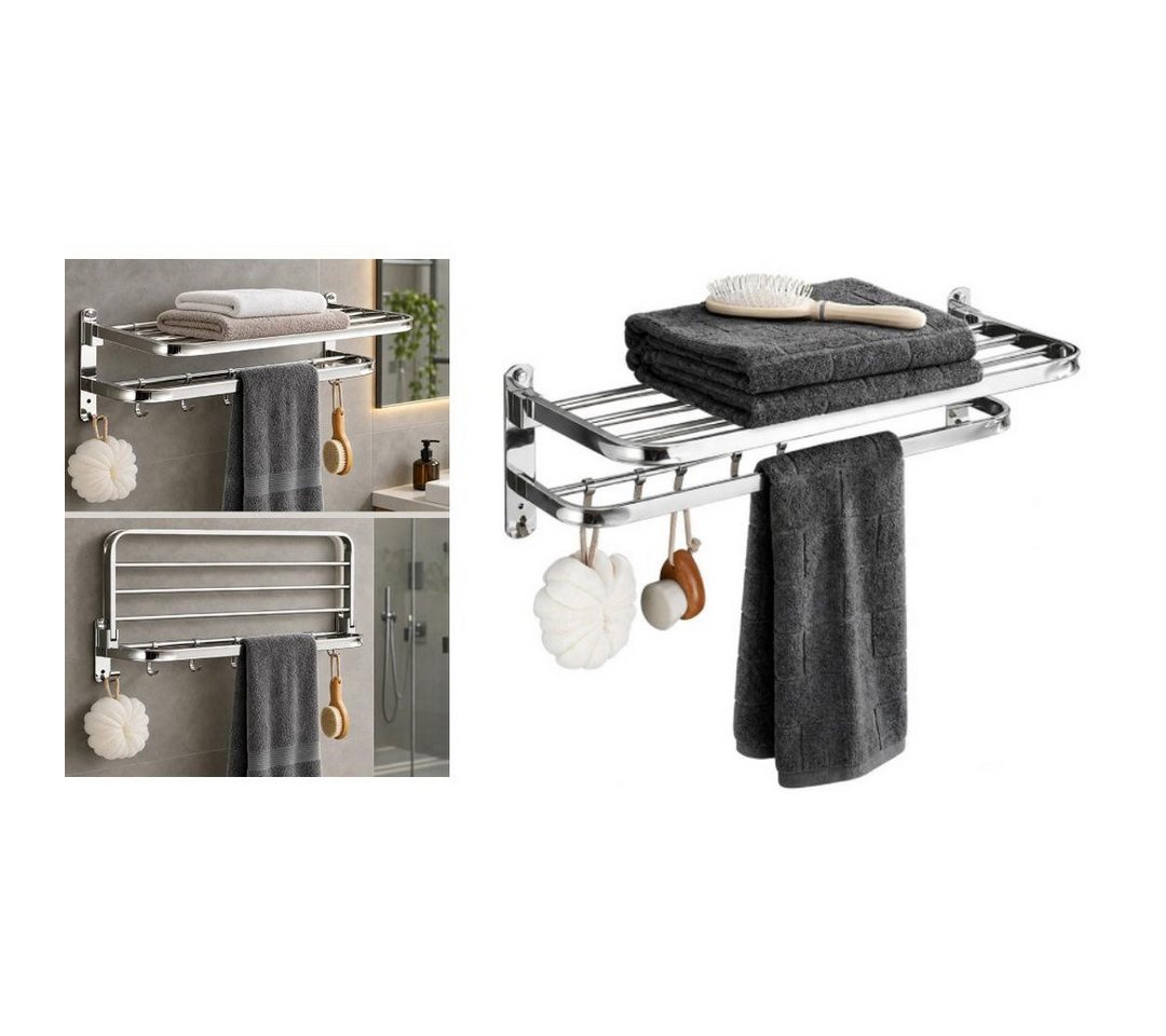 BBG Handtuchständer Handtuchhalter 58 cm aus Edelstahl, 2-stufig mit klappbarer Ablage, mit 5 verschiebbaren Haken, Wandmontage ohne Bohren oder mit Schrauben Bild 3