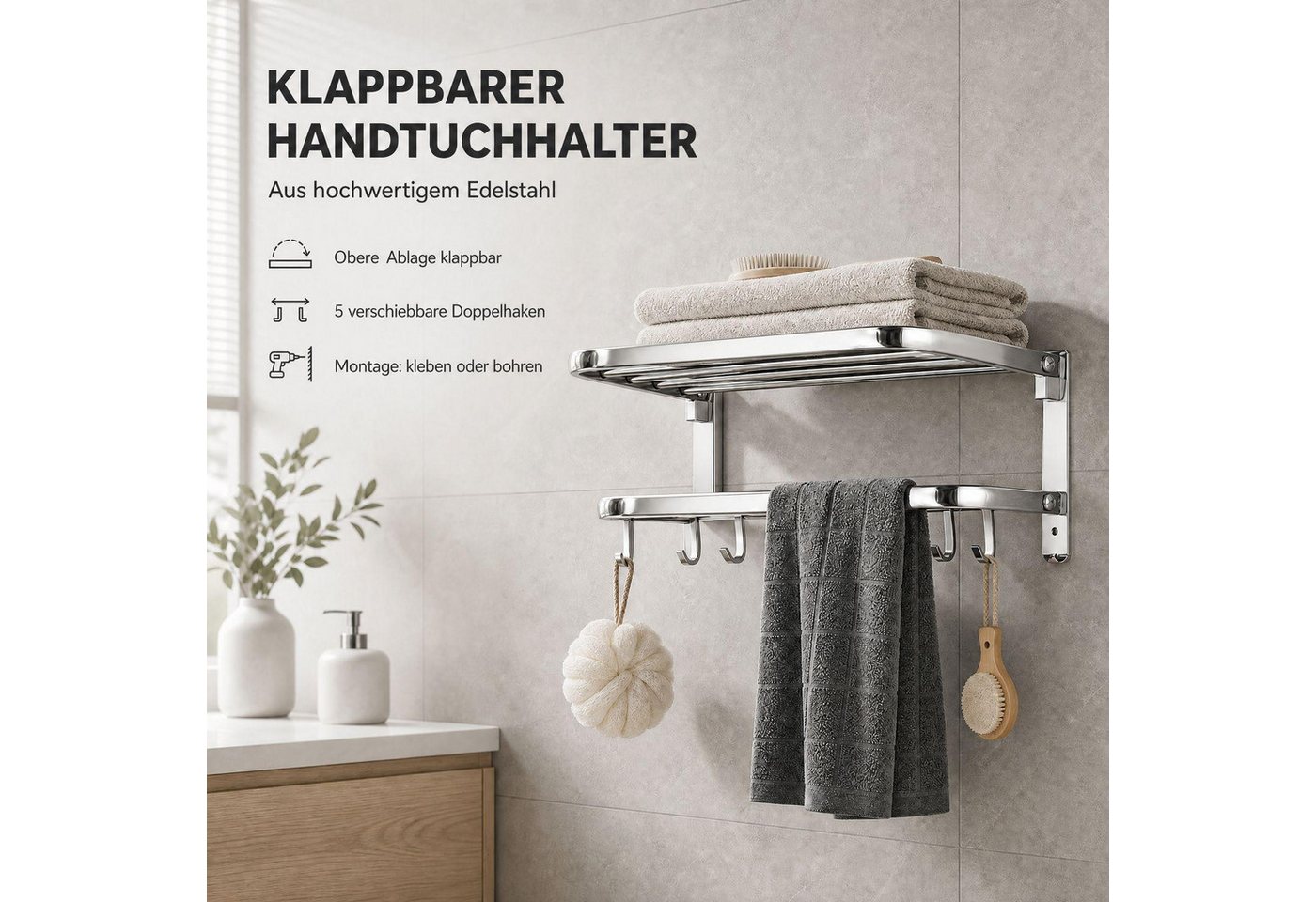 BBG Handtuchständer Handtuchhalter 58 cm aus Edelstahl, 2-stufig mit klappbarer Ablage, mit 5 verschiebbaren Haken, Wandmontage ohne Bohren oder mit Schrauben Bild 5