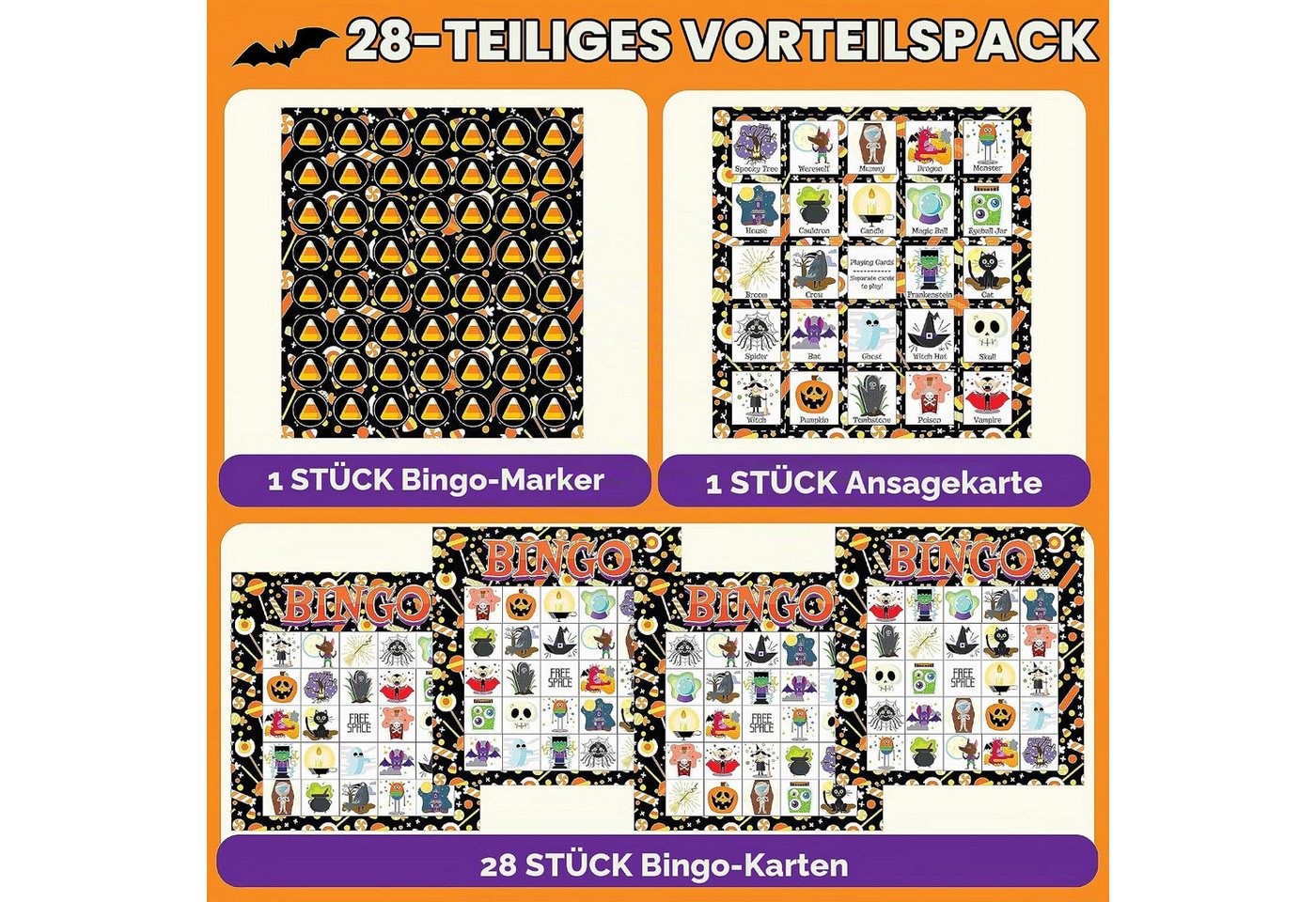 JOYIN Kreativset JOYIN Halloween Bingo-Spiel mit 28 Bingokarten für bis zu 28 Spieler
