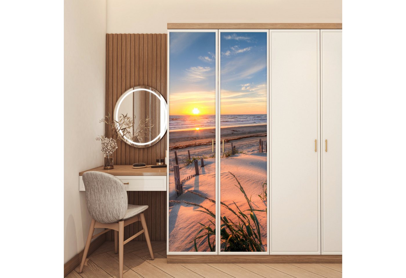 MuchoWow Türtapete Strand - Meer - Düne - Sonnenuntergang - Landschaft, Matt, bedruckt, (1 St), Selbstklebende Tapete, Folie für Möbel, 70x215 cm