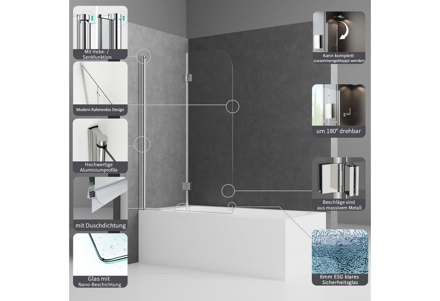 Boromal Badewannenaufsatz Duschwand für badewanne faltbar 2 teilig nano glas beidseitig, Sicherheitsglas, (180° Faltwand, 100x140, 110x140, 120x140), komplett faltbar