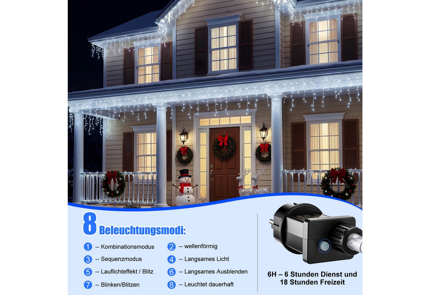 oyajia LED-Lichterkette 5–15m LED Eiszapfen Lichterkette für Außen, 8 Modi Weihnachtsdeko 31V, LED Lichtervorhang Timer, Memory-Funktion, für Weihnachten, Gartendeko Bild 5