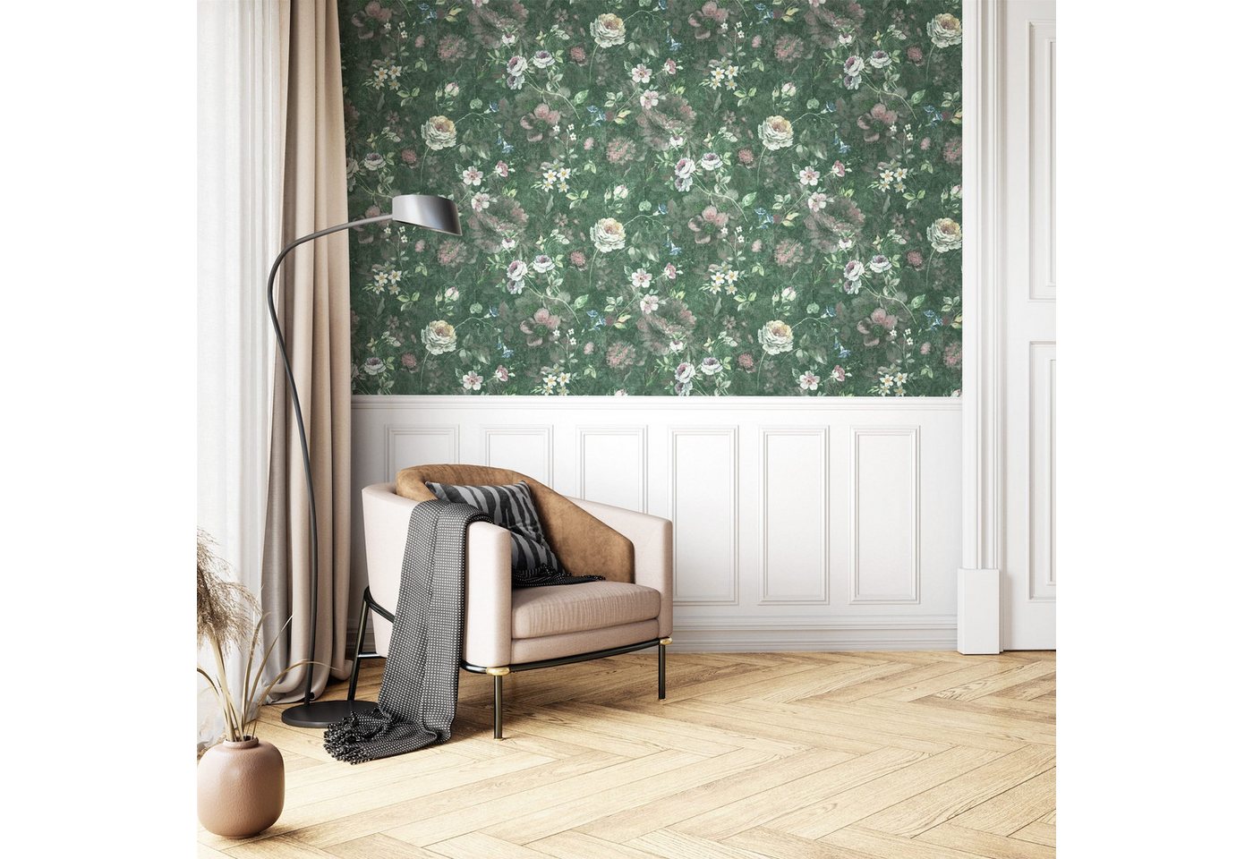 Newroom Vliestapete Arora Tapete Blumentapete Blumen,Rosen,Pfingstrosen, Grün Tapete Floral Blumen - Blumentapete Rosentapete Weiß Rosa Romantisch 3D Optik Rosen Pfingstrosen für Schlafzimmer Wohnzimmer Küche, Rosentapete Bild 4