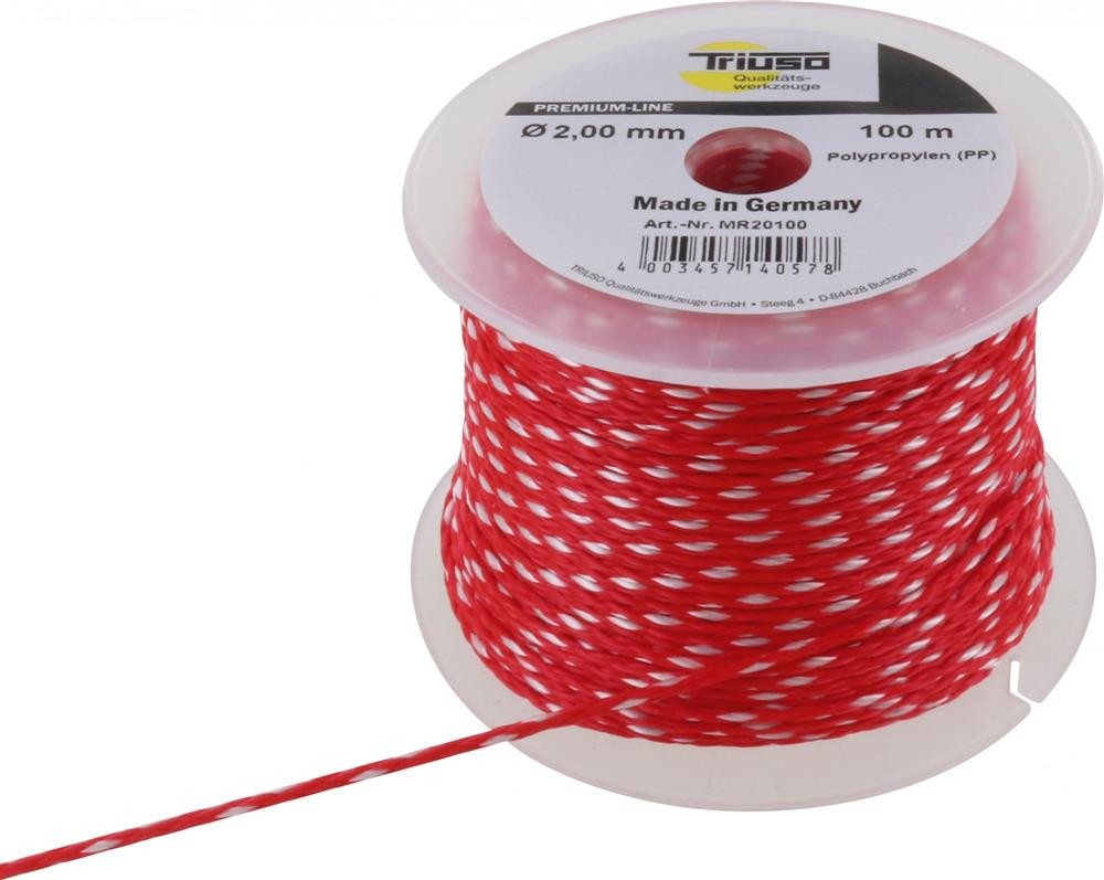 Triuso Schlagschnur Maurerschnur rot 2,0mm 100m Polypropylen, auf Spule, besonders reißfest, flexibel, geschmeidig, spannbar