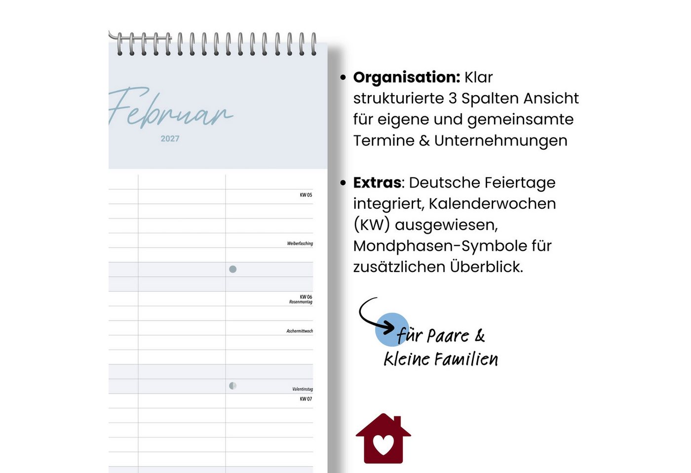 heaven+paper Partnerkalender Paarplaner Cozy 3 Spalten 2027 minimalistisch, hochwertig, Hergestellt in Deutschland
