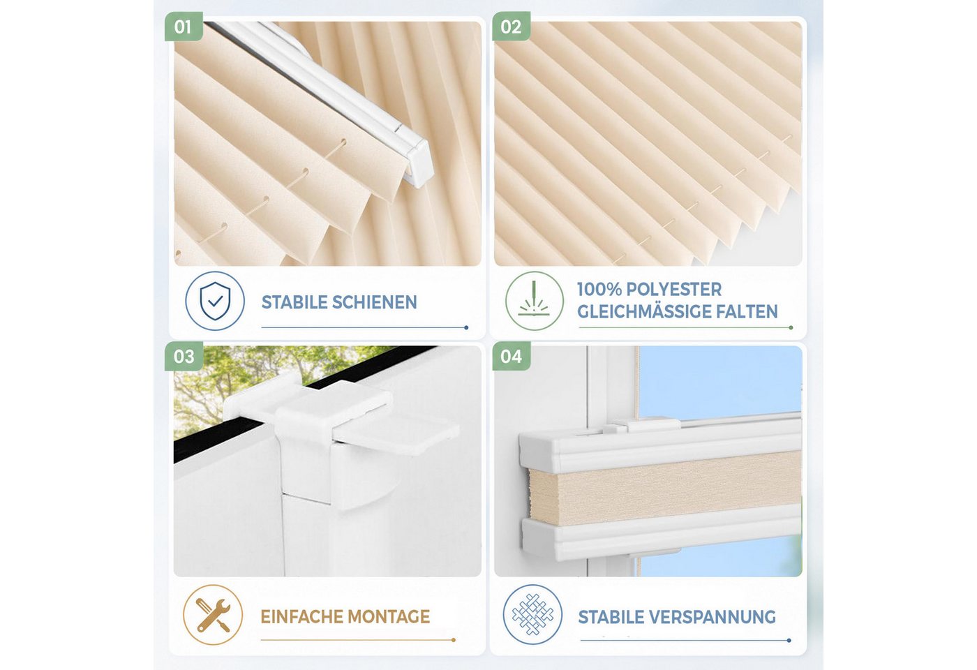 Vkele Plissee ohne Bohren Klemmfix, lichtdurchlässig, verspannt, verspannt Fenster Rollo, Klemmträger, Sichtschutz und Sonnenschutz, Easyfix Faltrollo, für Fenster und Türen