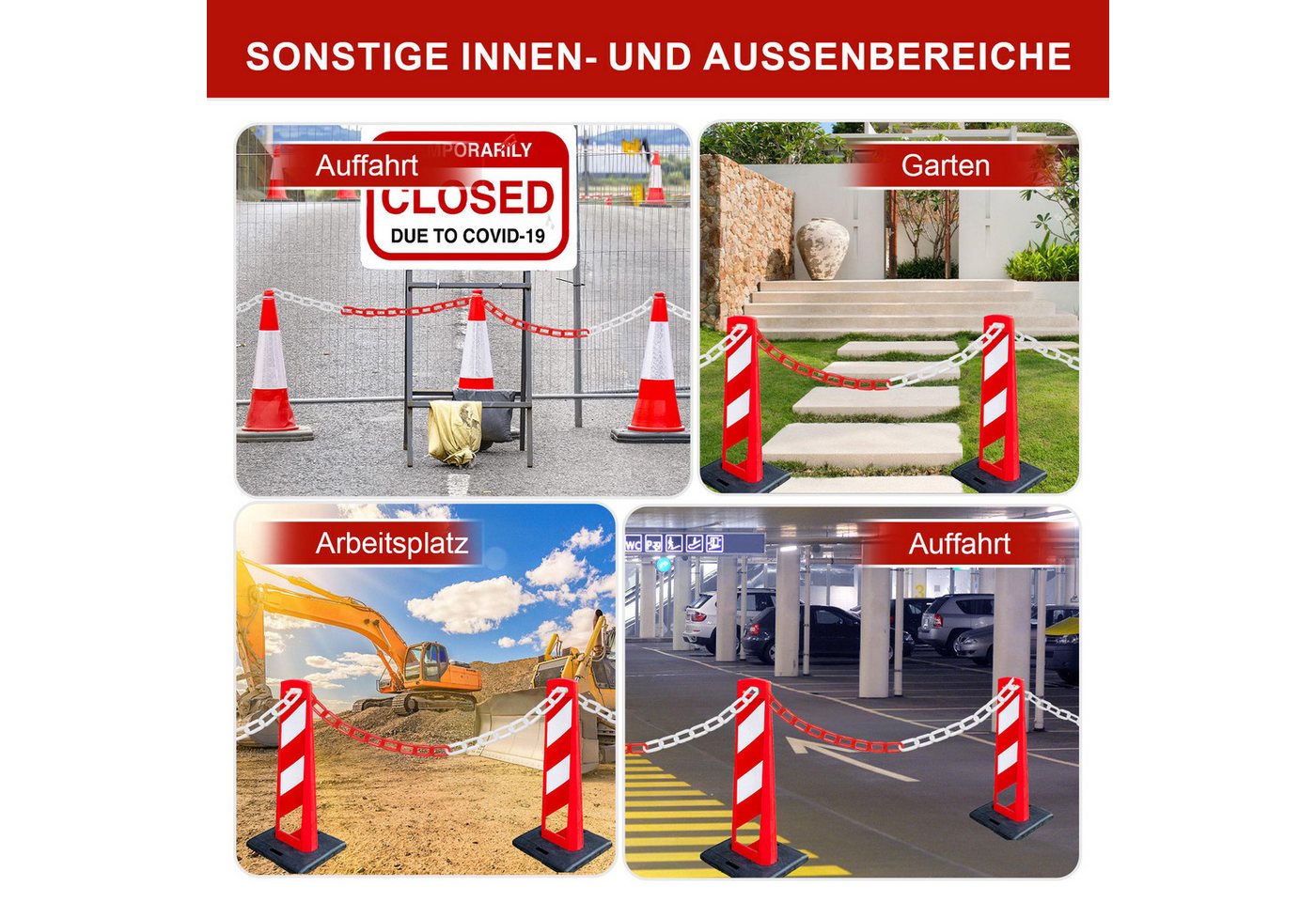 Clanmacy Absperrkette Absperrkette 25m/50m Warnkette Kunststoffkette rot weiß/schwarz gelb