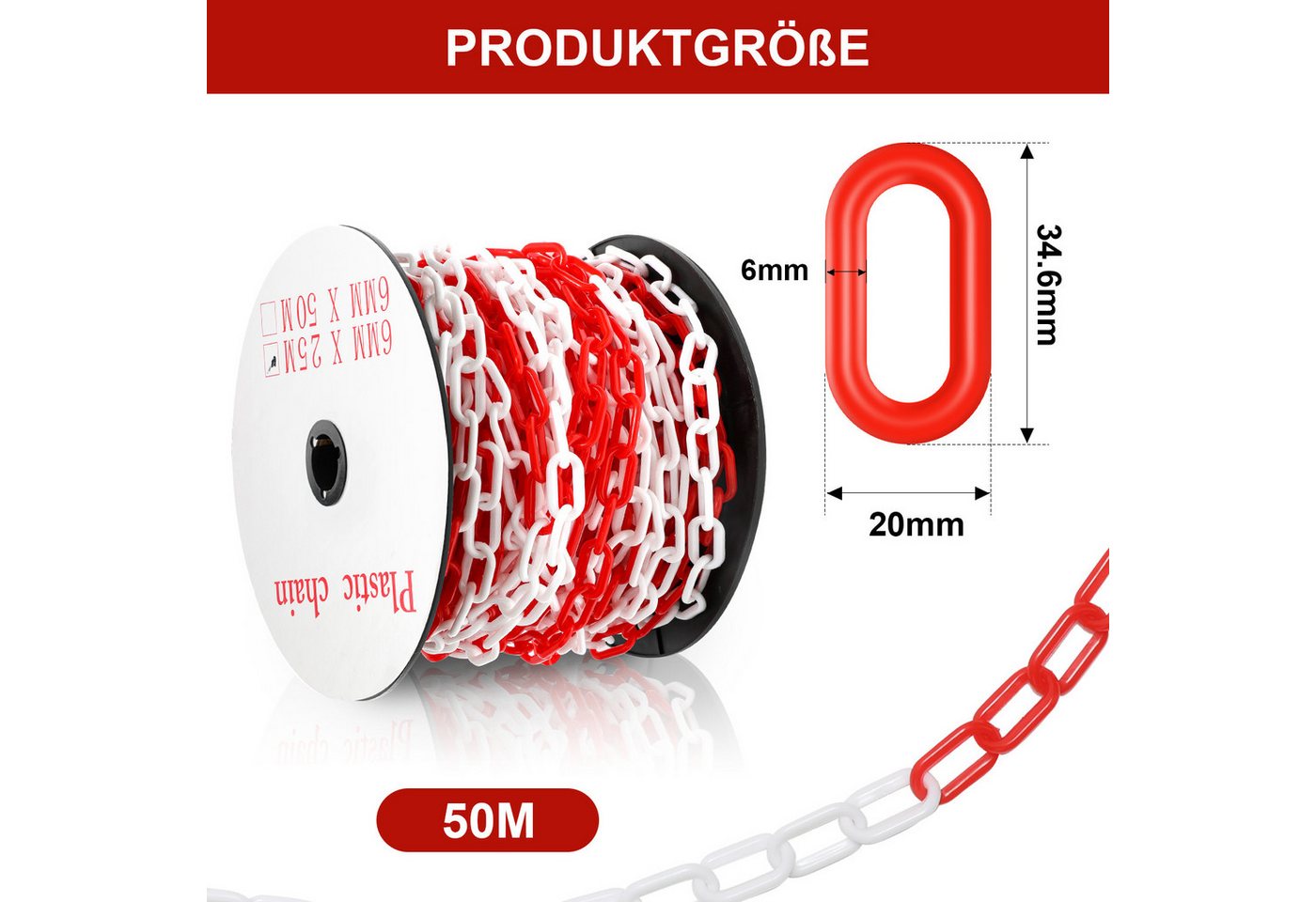 Clanmacy Absperrkette Absperrkette 25m/50m Warnkette Kunststoffkette rot weiß/schwarz gelb Bild 2