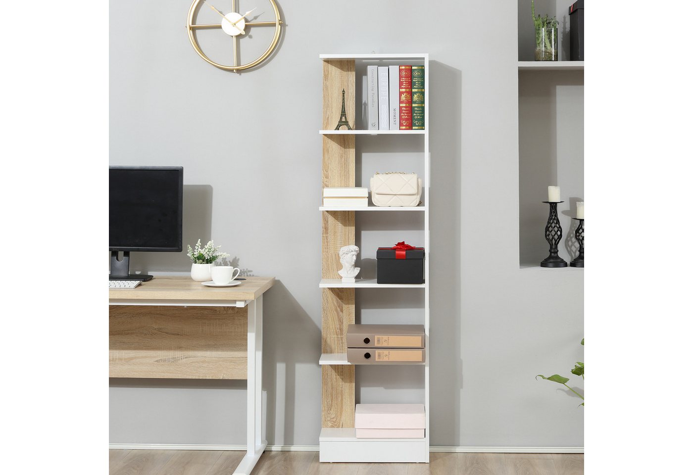 MC Star Bücherregal Schmale 5-stöckige Bücherregal, platzsparendes Aufbewahrungsmöbel, aus Holz, Bücherregal für Bad, Wohnzimmer, Schlafzimmer, Arbeitszimmer und Büro, 45 x 21 x 170 cm, Eiche und Weiß