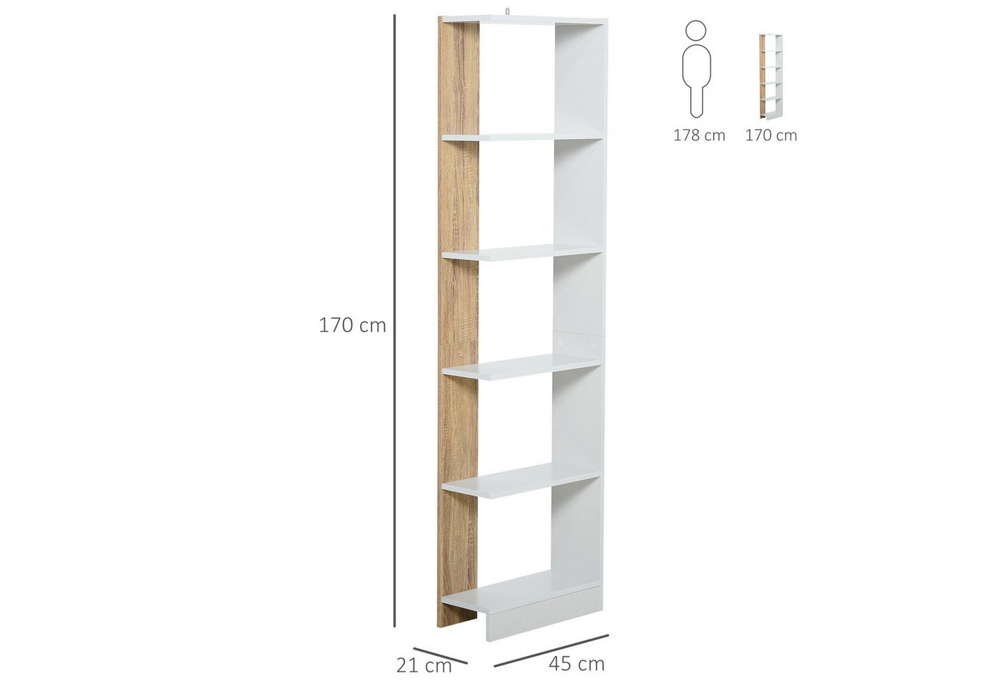 MC Star Bücherregal Schmale 5-stöckige Bücherregal, platzsparendes Aufbewahrungsmöbel, aus Holz, Bücherregal für Bad, Wohnzimmer, Schlafzimmer, Arbeitszimmer und Büro, 45 x 21 x 170 cm, Eiche und Weiß Bild 2