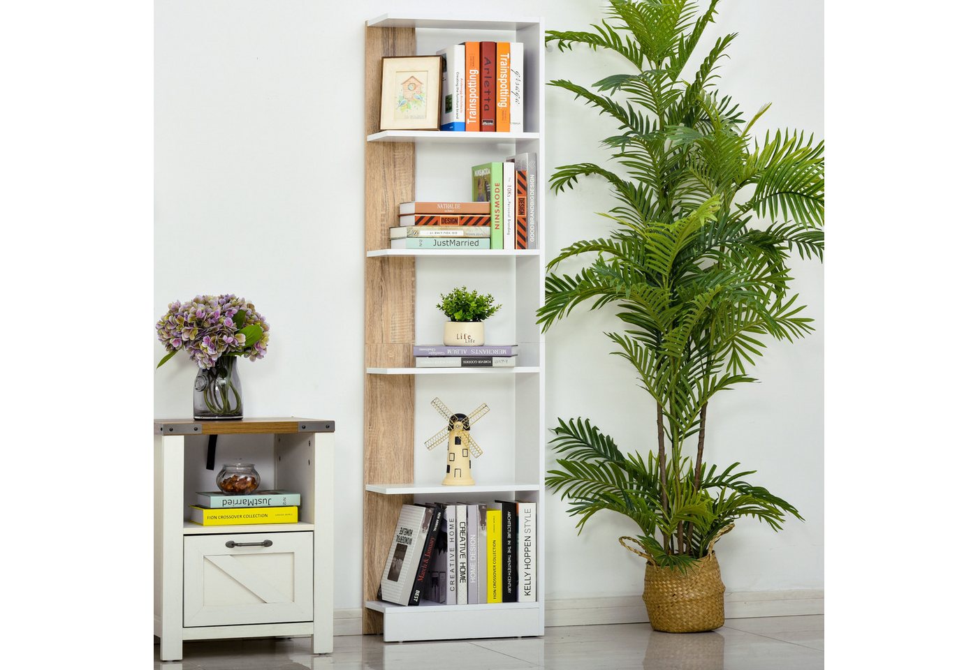 MC Star Bücherregal Schmale 5-stöckige Bücherregal, platzsparendes Aufbewahrungsmöbel, aus Holz, Bücherregal für Bad, Wohnzimmer, Schlafzimmer, Arbeitszimmer und Büro, 45 x 21 x 170 cm, Eiche und Weiß Bild 5