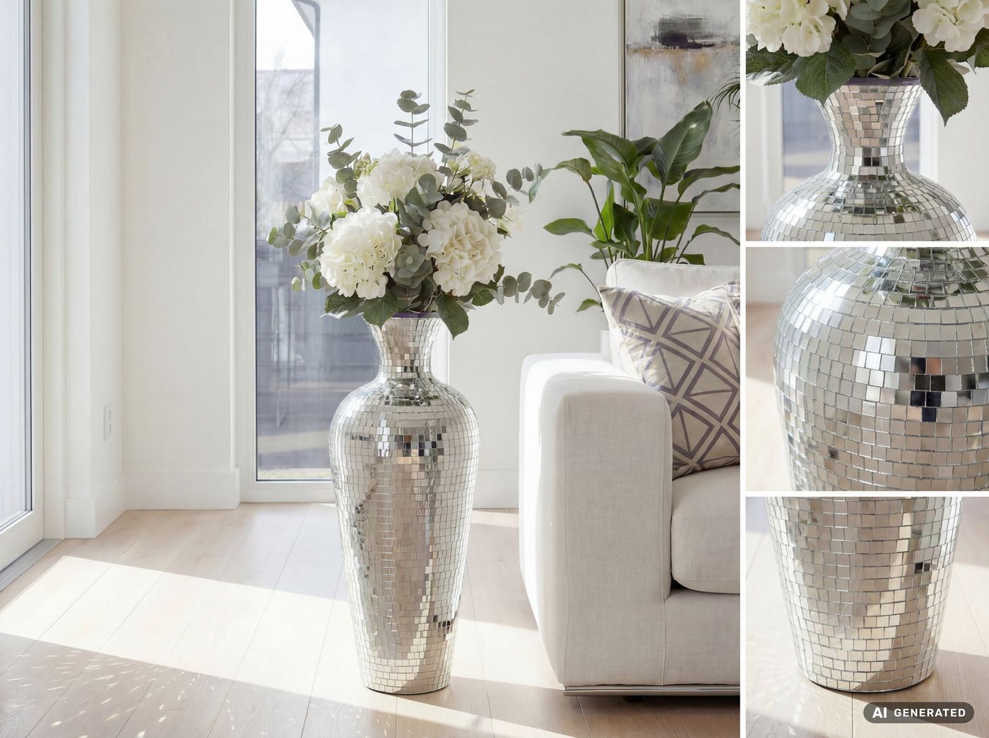 FINEBUY Bodenvase FB77700 Vase Silber 50cm Standvase Blumenvase XL Wohndeko Groß (Große Metallvase aus lackiertem Metall), Wohnaccessoire im Stil einer Discokugel Bild 2