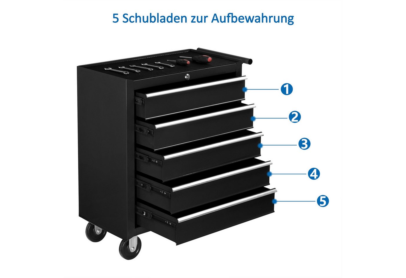 VINGLI Werkstattwagen Rollwagen mit 5 Schubladen, Werkzeugwagen leer, Schwarz, abschließbar mit Griff & Rollen Bild 4