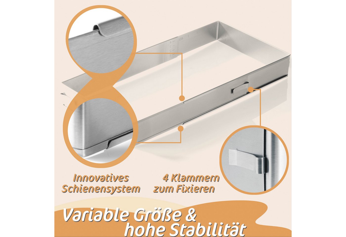 Lindenstein Backrahmen Backrahmen rechteckig verstellbar aus Edelstahl, 5 cm hoch, Edelstahl, (Packung, 1), Hochwertiger Edelstahl, größenverstellbar, leicht zu reinigen, stabil