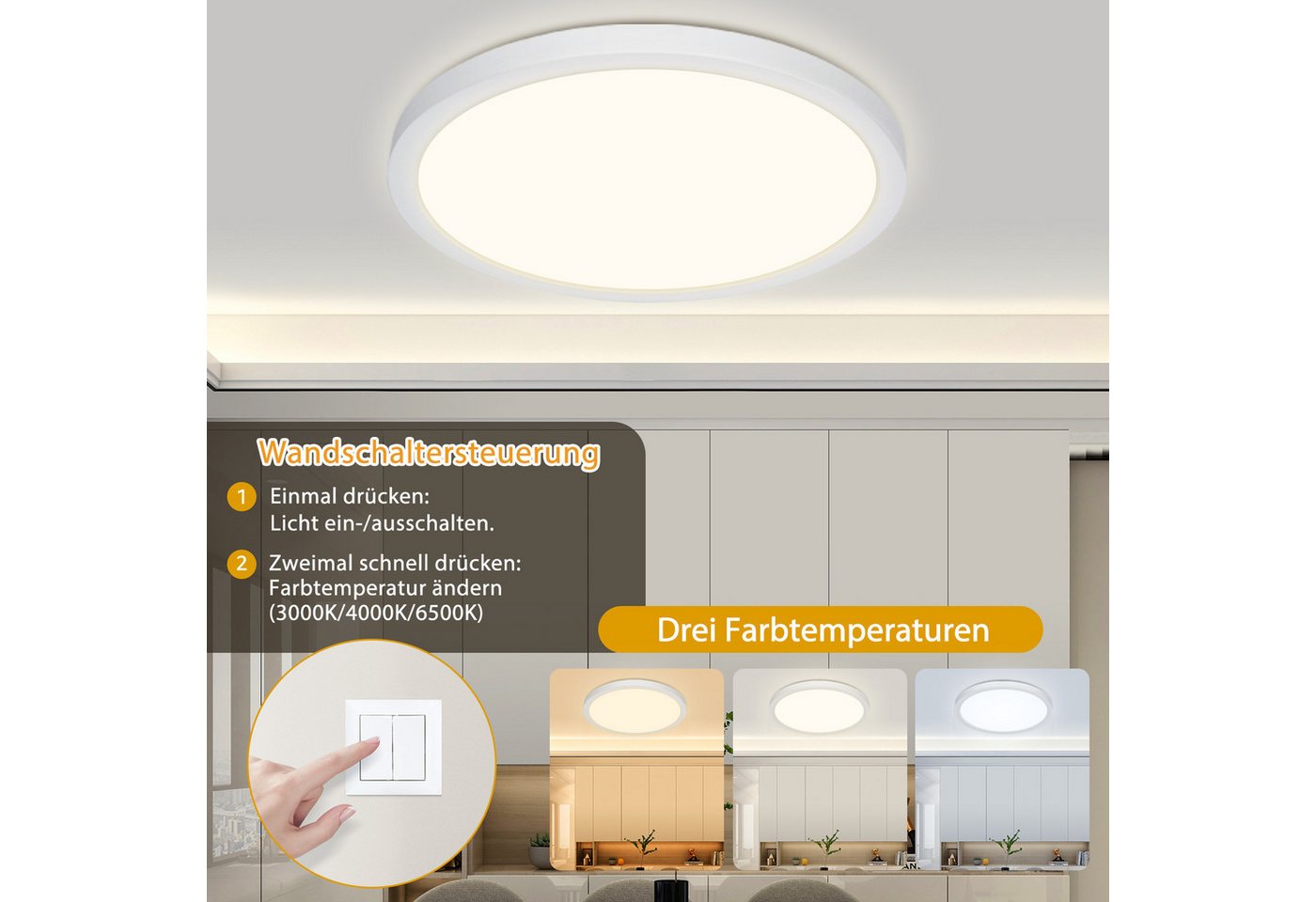 Great Jacob Deckenleuchte LED Deckenleuchte Ultraflach Dimmbar- 24W 3300 LM Ø 28,9 cm, LED wechselbar, 3 Farbtemperaturen (3000K/4000K/6500K), flaches Runddesign für Wohnzimmer, Schlafzimmer, Küche & Flur