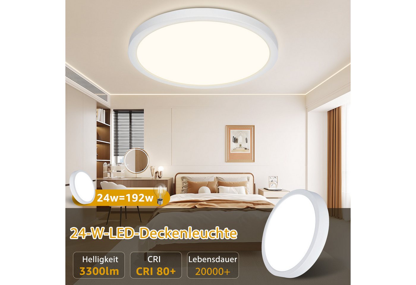 Great Jacob Deckenleuchte LED Deckenleuchte Ultraflach Dimmbar- 24W 3300 LM Ø 28,9 cm, LED wechselbar, 3 Farbtemperaturen (3000K/4000K/6500K), flaches Runddesign für Wohnzimmer, Schlafzimmer, Küche & Flur Bild 2