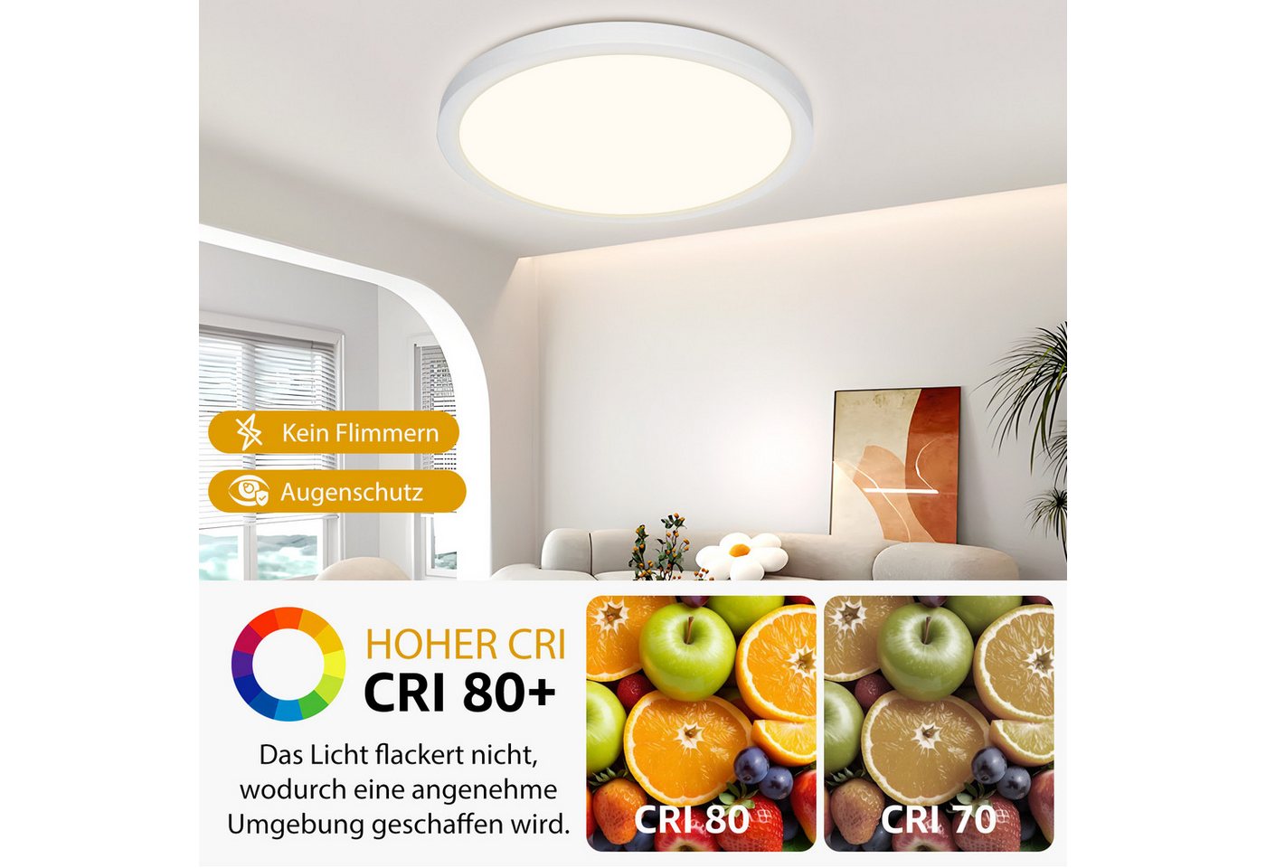 Great Jacob Deckenleuchte LED Deckenleuchte Ultraflach Dimmbar- 24W 3300 LM Ø 28,9 cm, LED wechselbar, 3 Farbtemperaturen (3000K/4000K/6500K), flaches Runddesign für Wohnzimmer, Schlafzimmer, Küche & Flur Bild 5